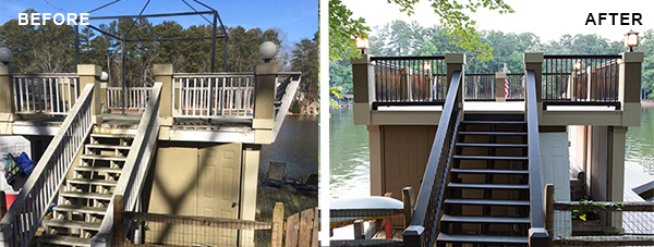Before and after picture of boathouse renovation by Duradek