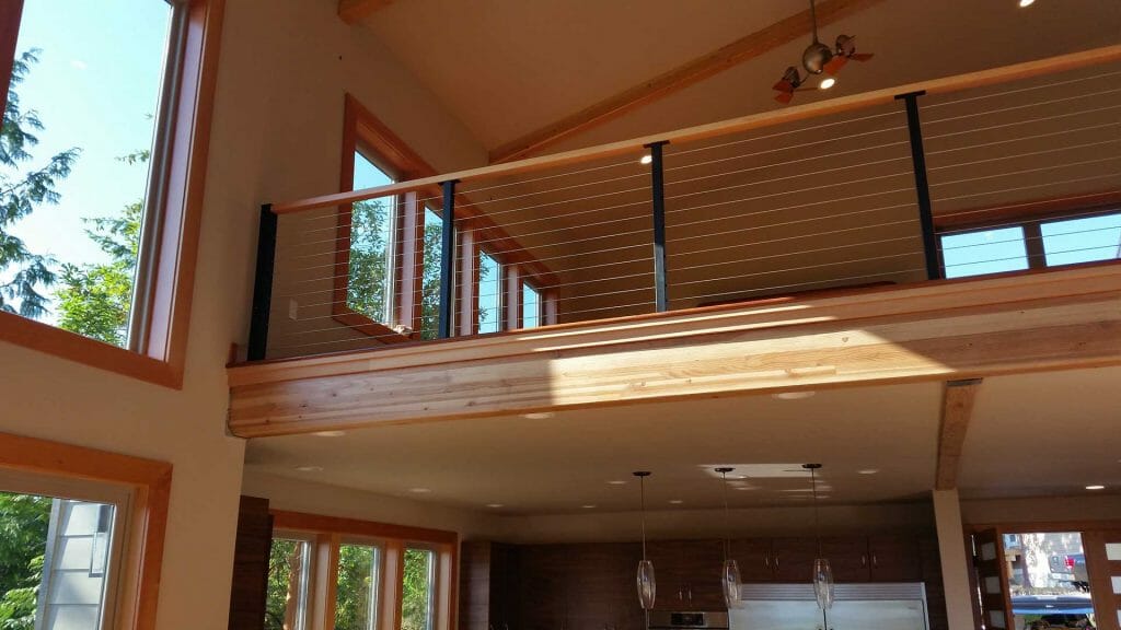 Cable Railing Interior Guardrail with Wood Grain Finish Top Rail and Black Posts