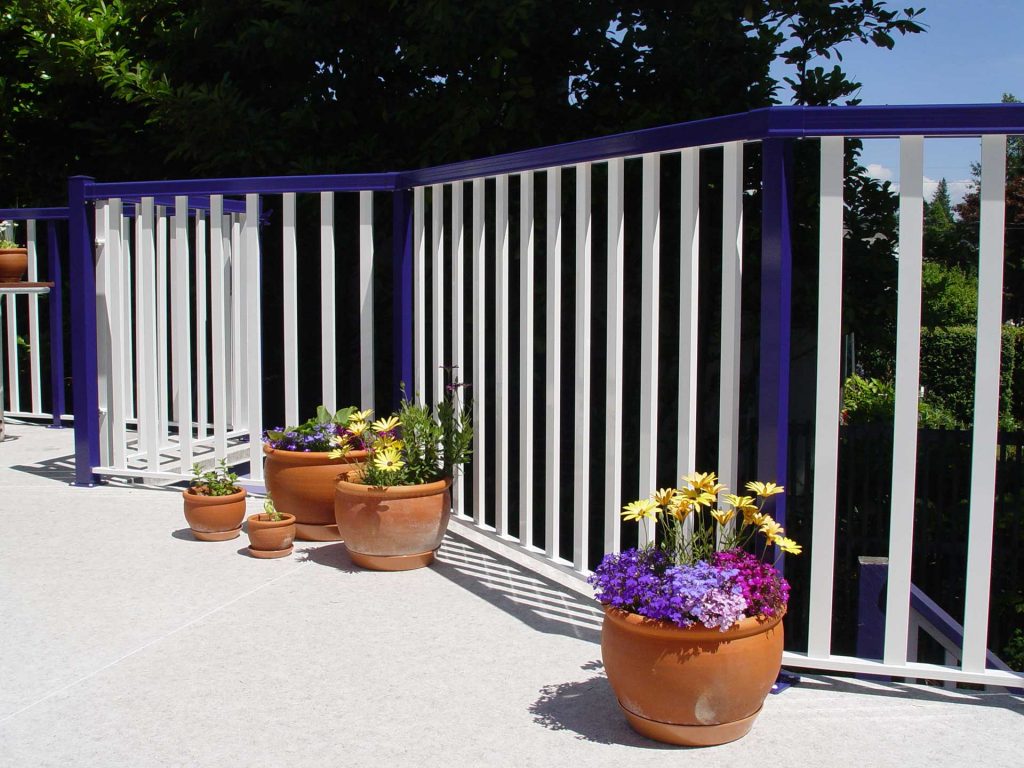 Aluminum Picket Railing System with Custom Color Posts and Top Rail