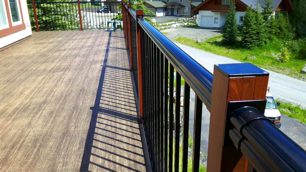 Black Picket Aluminum Railing with Wood Grain Finished Posts