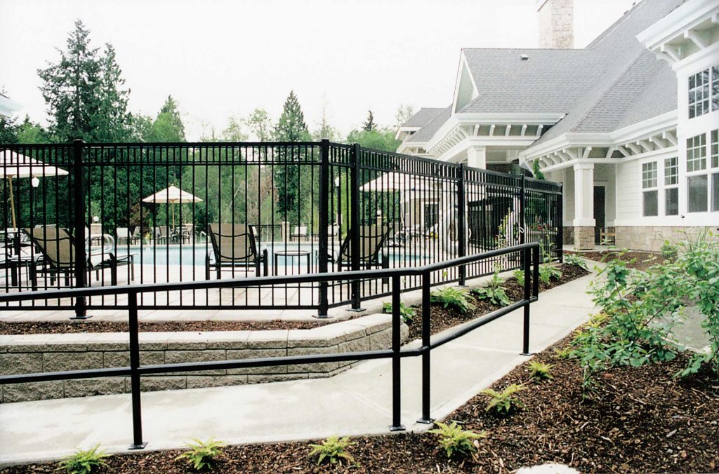 Black Picket Pool Fence and Pipe Handrail