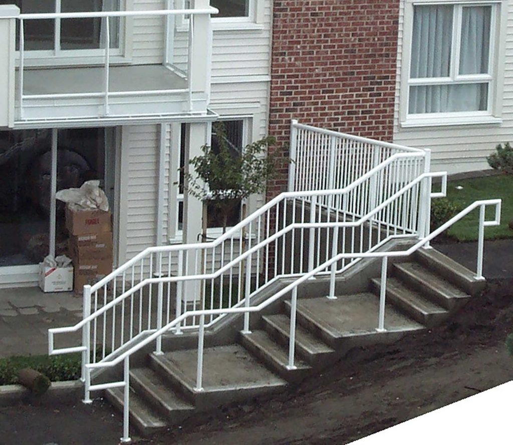 White Picket Stair Railings with Custom Pipe Handrails