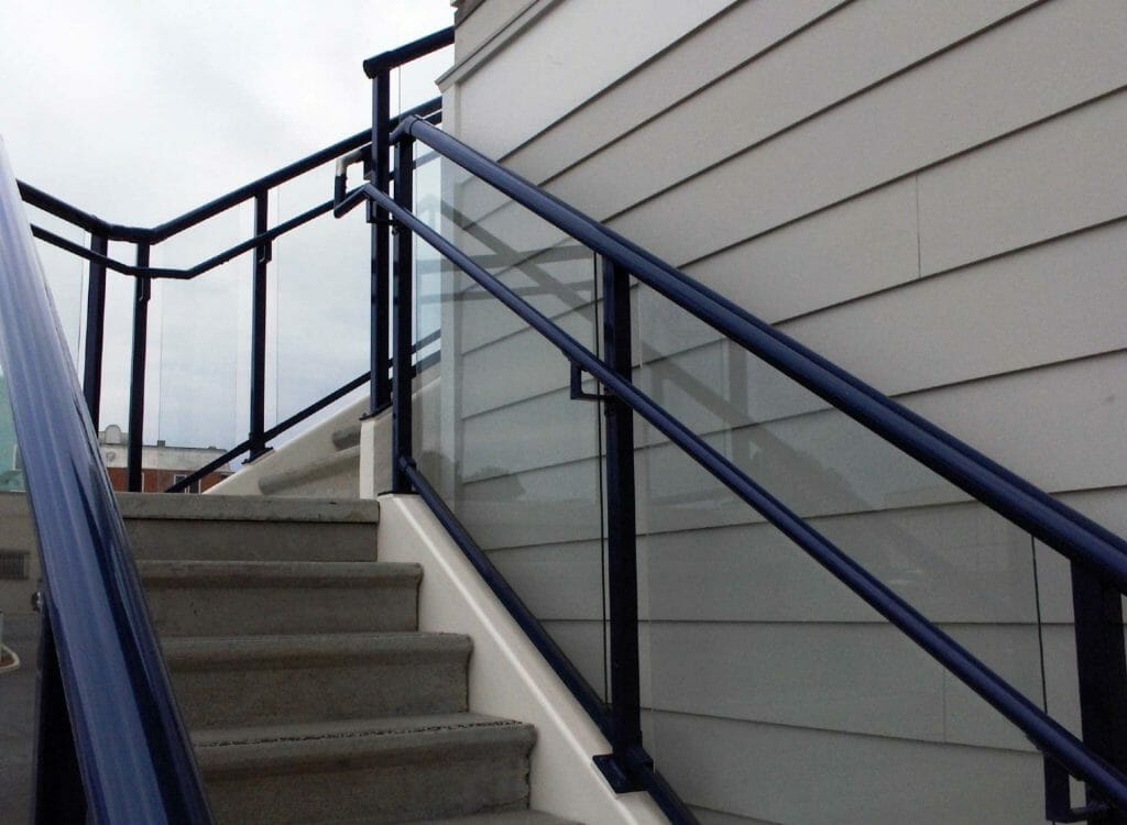 Glass Stair Railing with Pipe Handrails