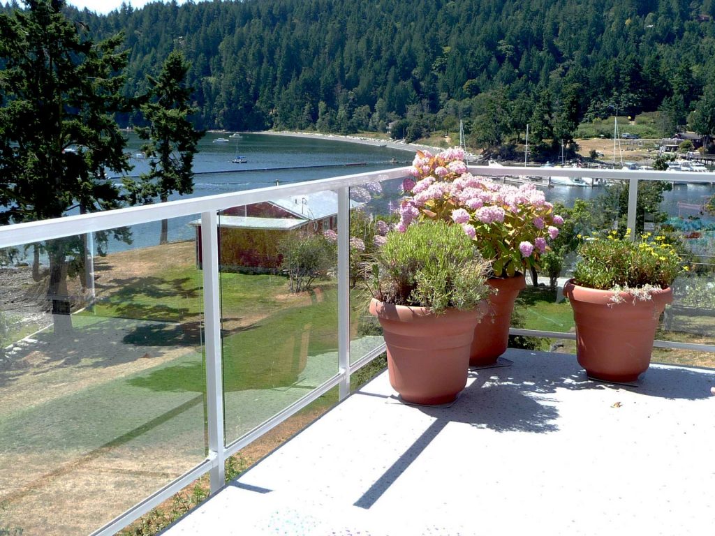 Standard Glass Railing with Square White Top Rail and Posts - Fascia Mounted
