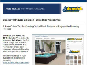 Duradek Press Release - sign up for deck building product & industry news