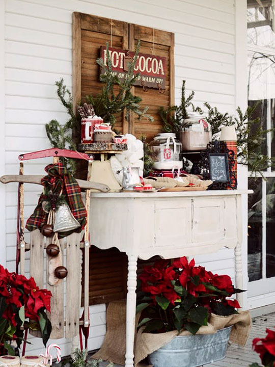 Decorate Front Porch for Christmas with Hot Chocolate Bar